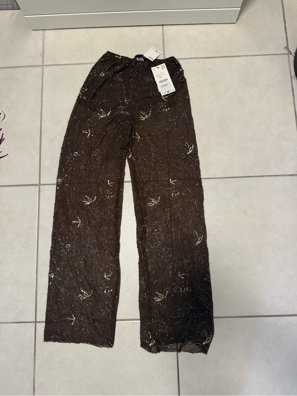 Zara Brown Wide-Leg Beaded Evening Pants